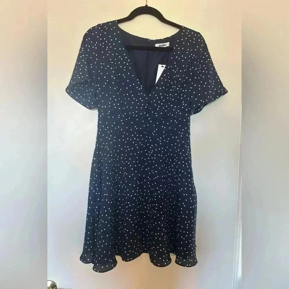 NWT BB Dakota Navy Short Sleeve Mini Dress with White Polka Dots